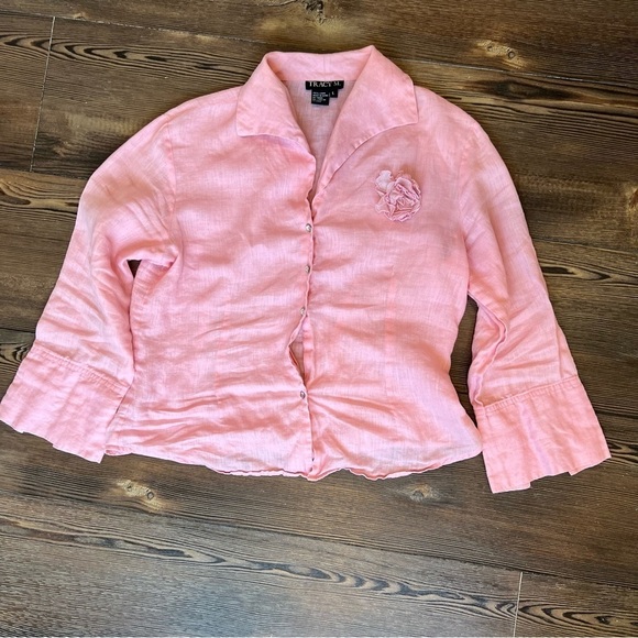 Pure linen pink blouse rhinestone buttons Floral Rose Detail size large - Picture 2 of 10